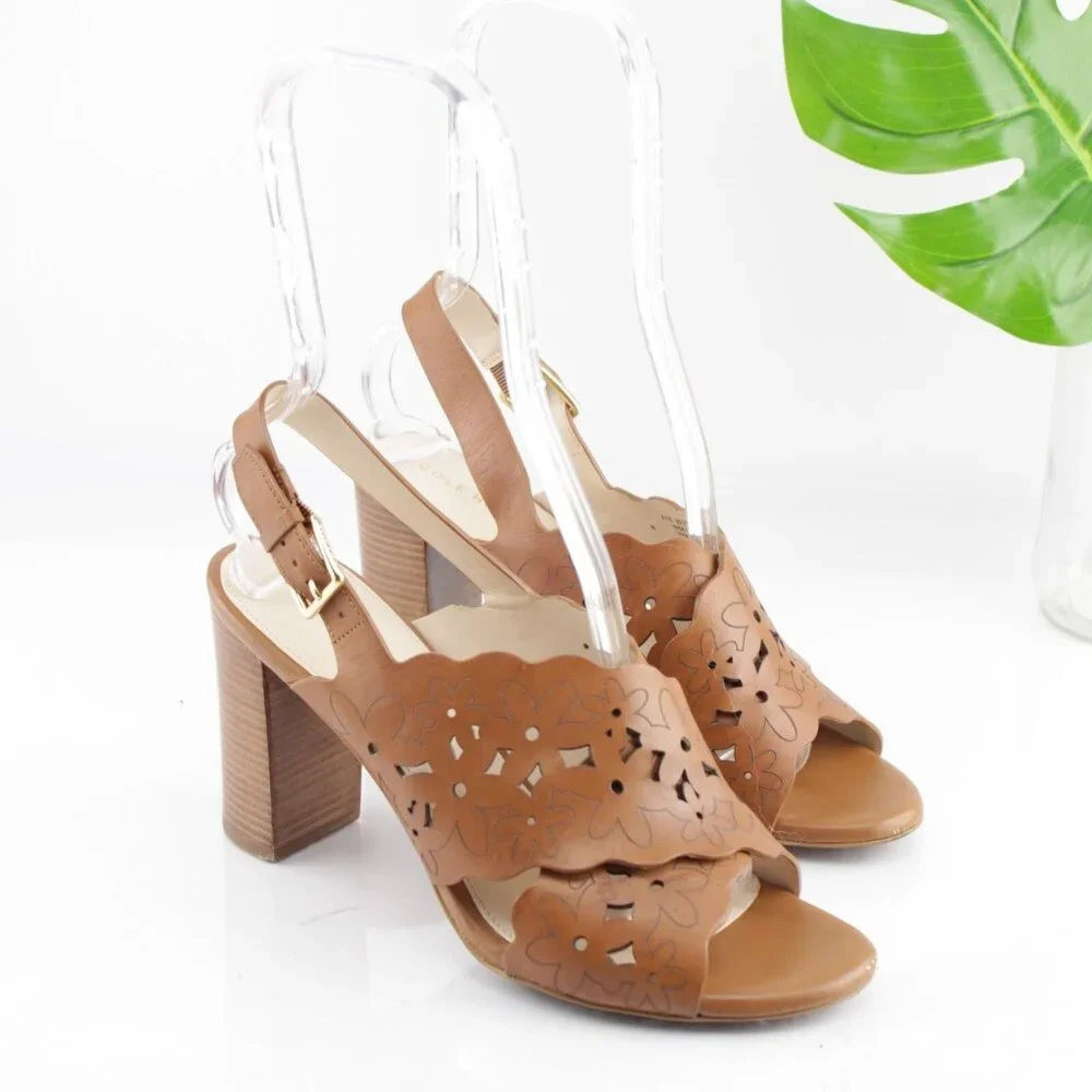 Cole Haan Womens Indra Sandal Size 8 Cognac Tan‎ Leather Block Heel Dress Shoe